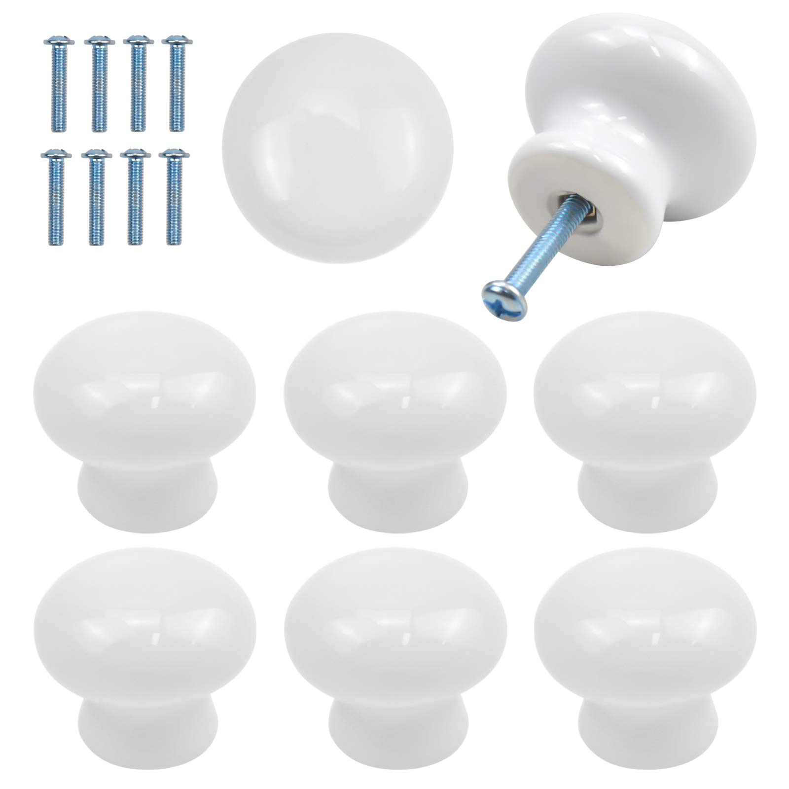 8 Pack Door Knobs for Kids, 35mm Round Cabinet Knobs, White Ceramic Cupboard Handles and Knobs, Furniture Pull Handles with Screws for Drawer, Wardrobes, Interior Doors, Kitchen ,Living Room (White)