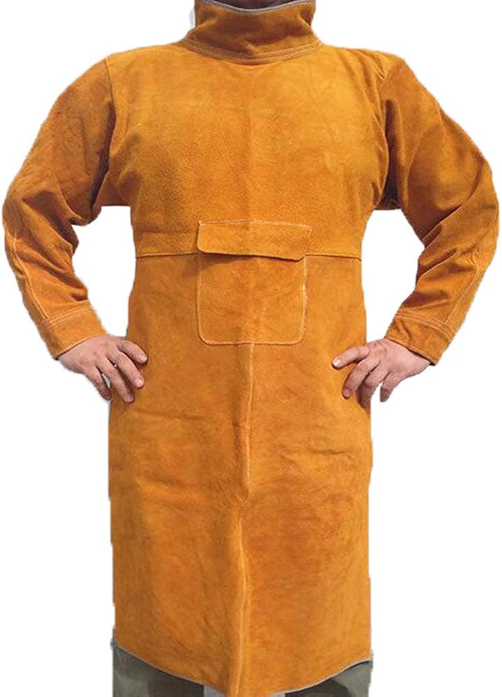 Jewboer Leather Welding Apron Jacket Anti-scald Work Apron Heavy Duty Weld Coat Clothes with Neck Sleeves: Clothing