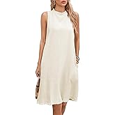 Famulily Summer Linen Dresses for Women Cute Sleeveless Ruffled Mock Neck Mini Dress with Side Pockets