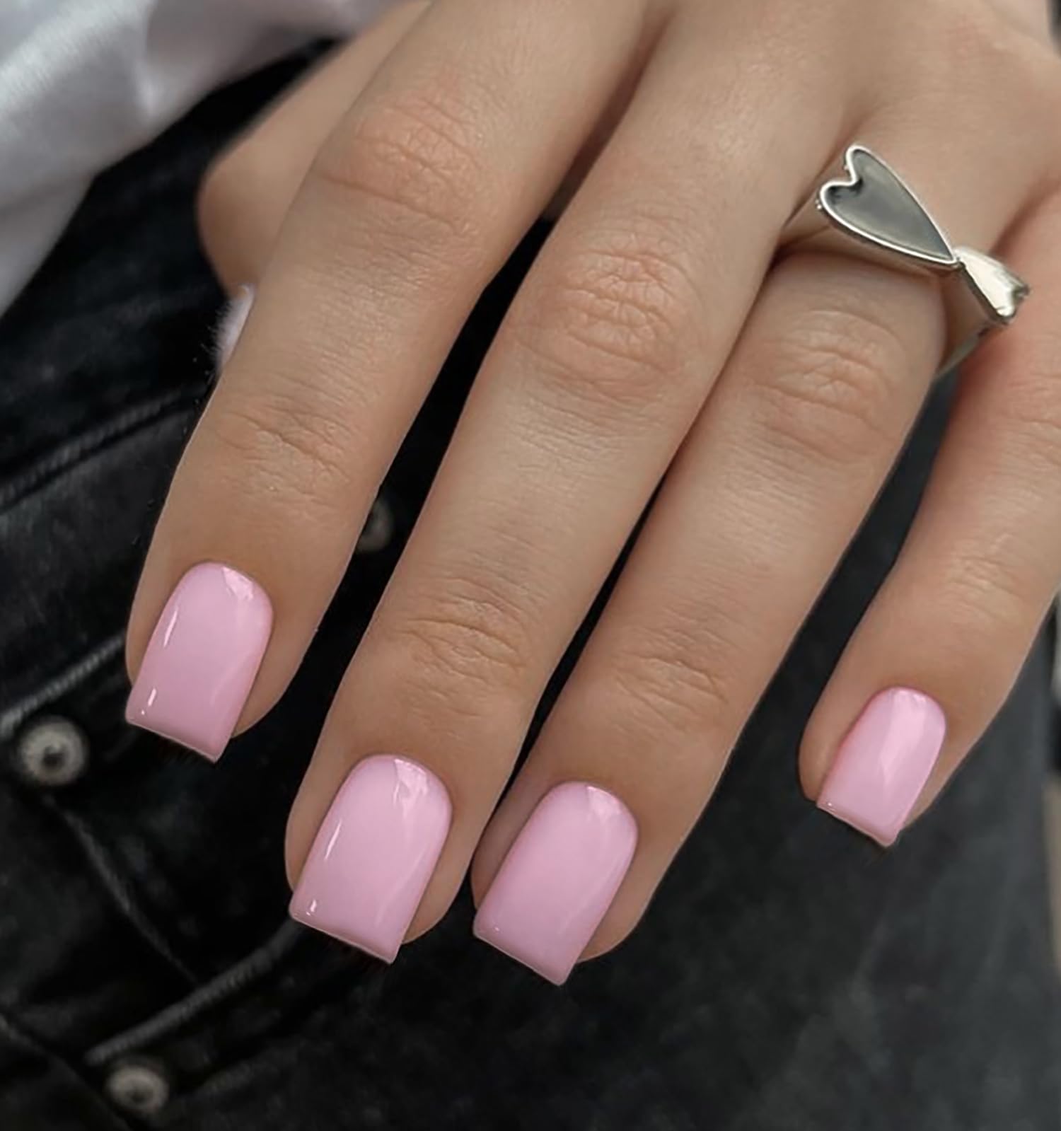 Photo 1 of MABKJLF Pink Short Square Press-on False Nails, 24 Pcs (12 Sizes), Glossy, Full Cover, Light Pink, Solid Color, Acrylic, 24 Fl Oz (Pack of 1)