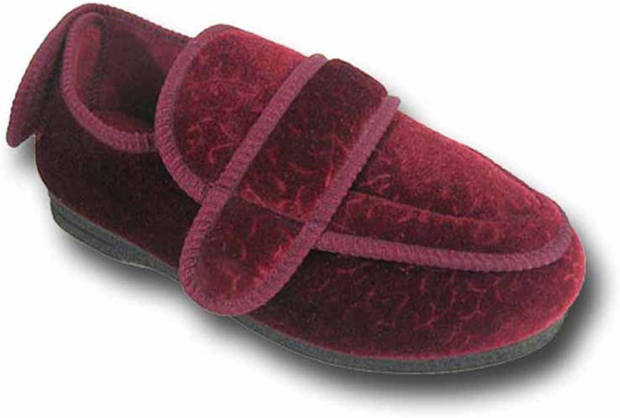 WOMENS DIABETIC ORTHOPAEDIC COMFORT LUXURY SLIPPERS SHOES EXTRA WIDE FIT ADJUSTABLE VELCRO LADIES BURGUNDY SIZE 7