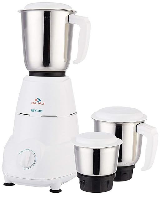 Bajaj Rex Mixer Grinder, 500W, 3 Jars (White)