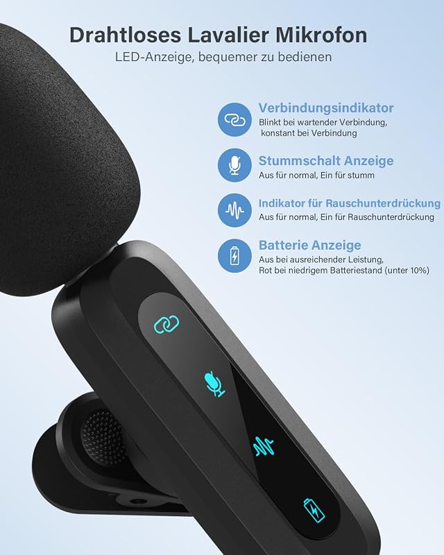 Kabelloses Lavalier-Mikrofon für iPhone, iPad, Android-Handy, 2er-Pack Mini-Mikrofon mit Rauschunterdrückung, Auto-Pairing und Stummschaltung und Reverb für Vlogging, Videoaufnahmen, TikTok, YouTube