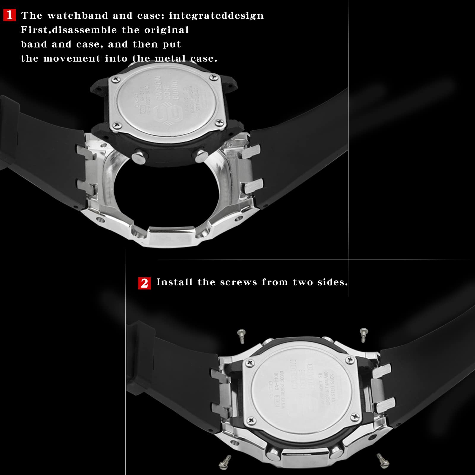 Neuupesen GA2100 Stainless Steel Watch Case with Metal Watchband and Rubber Strap Mod Kit - Compatible with GA-2100/GA-2110/GA-B2100 Series - Watch Part Replacement