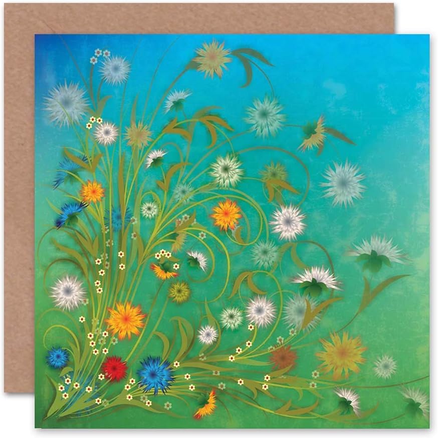 Wee Blue Coo FLOWERS COLOURFUL BLUE SKY GRASS BLANK GREETINGS BIRTHDAY CARD ART, Green|yellow|grey|blue, 15 x 15 cm