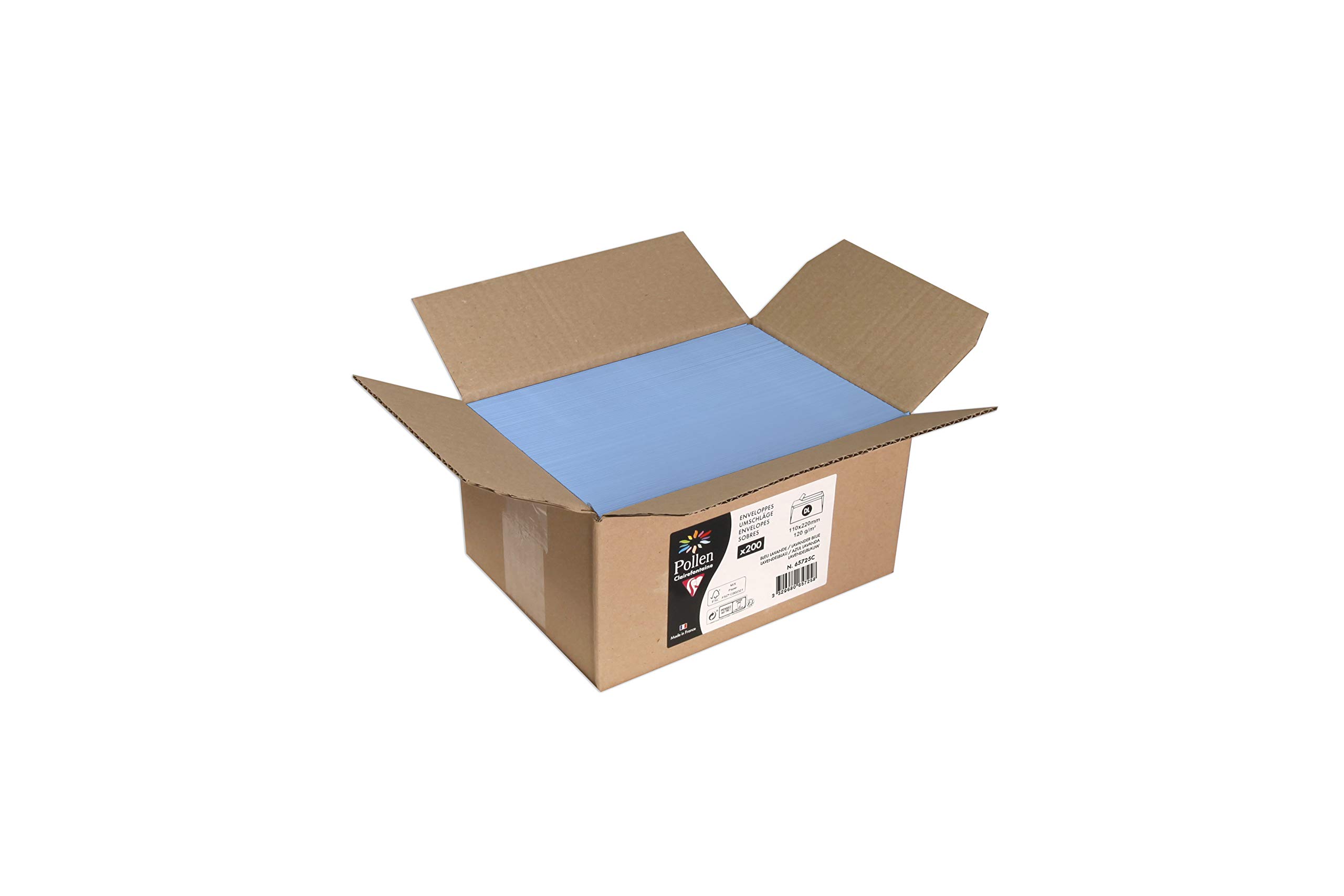 Clairefontaine 65725C Carton of 200 Self-Adhesive Envelopes DL (11x22cm) 120g/m² Lavender Blue Invitation Events and Correspondence Range Pollen Premium Paper