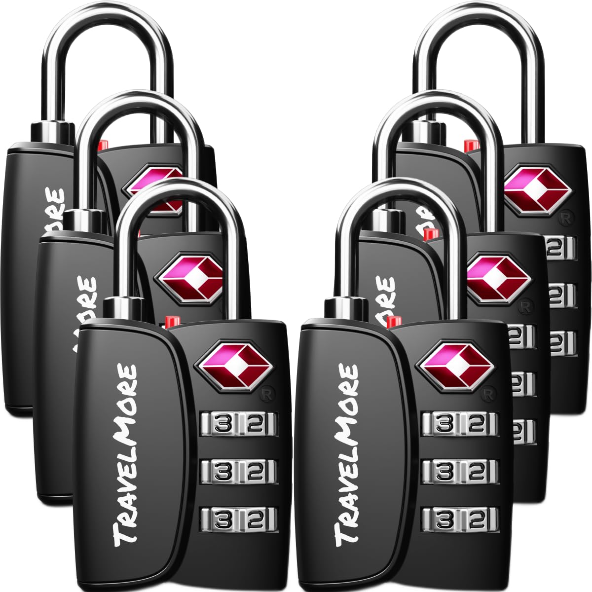6-Pack TSA Approved 3-Digit Luggage Locks with Open Alert Indicator for Travel Suitcases & Baggage | Luggage Locks | TSA Locks | Black