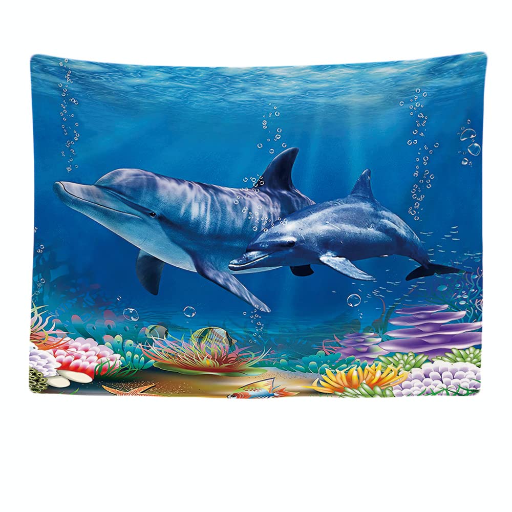 Ulticool - Dolphin Sea Coral Dolphins - Wall rug - 200x150cm - Large tapestry Decoration - Children's accessories - Girl and boy decoration - Painting - same curtain or ceiling — image 1