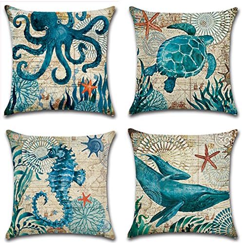 MHB Decorative Ocean Park Theme Cotton Linen Throw Pillow Covers 18 x18 Inch (Pack of 4 Pieces)
