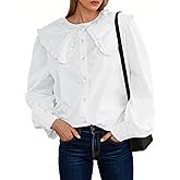 Tankaneo Womens Button Down Shirts Cotton Puff Sleeve Babydoll Blouse Fall Casual Doll Collar Tops