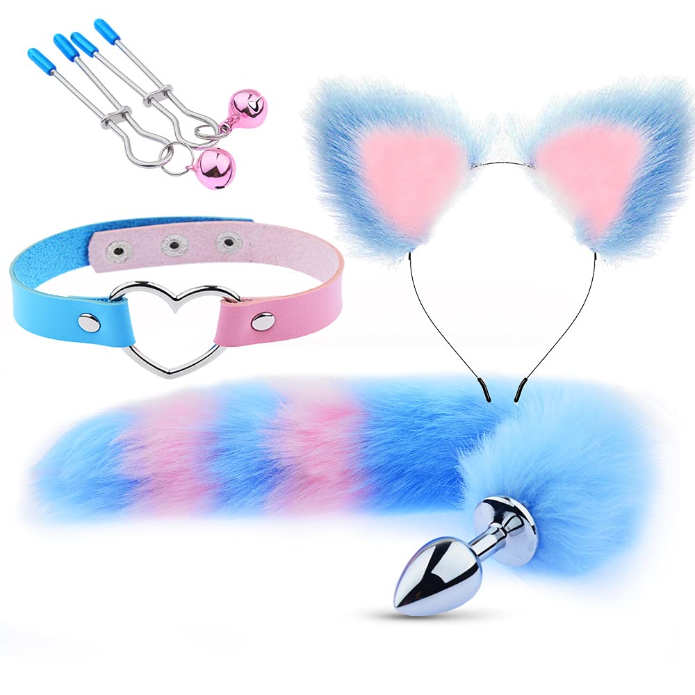 Ceciley Wolf Fox Furry Tail Plug and Ears Headband Animal Costume Fancy Dress Halloween Adjustable Faux Fur Tail and Ears (Blue Pink 4pcs/Set)