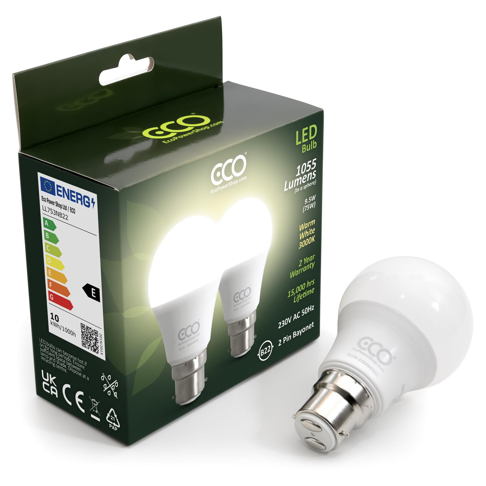 ECO 75W Equivalent B22 Bayonet Energy Saving LED Light Bulb, Low Energy 9.5W LED, 1055 Lumens, Warm White 3000K, Non-Dimmable, 15,000Hrs Lifetime. — image 1