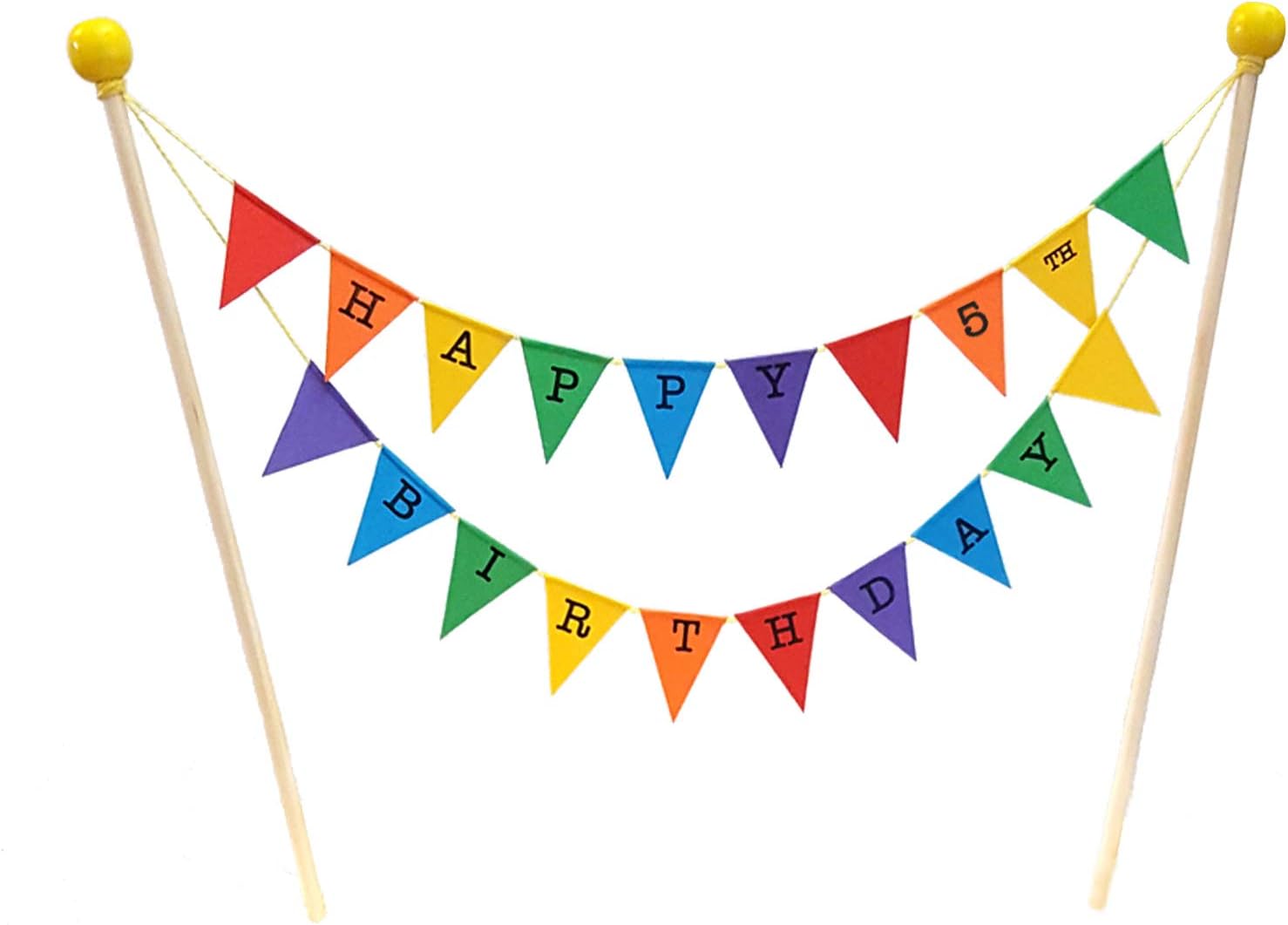 Amazing Buntings, Happy 5th Birthday Cake Topper, Handmade Rainbow Bunting Flags Banner Party Decoration, Fully Assembled, w/h Food Grade Wooden Poles