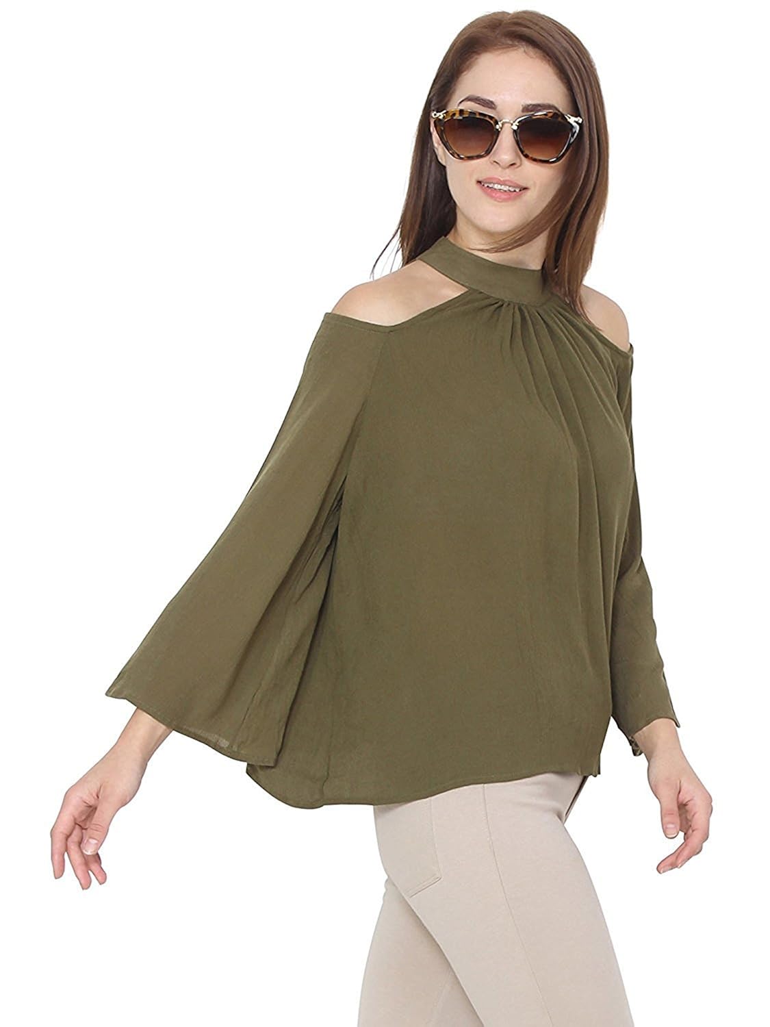 martini women loose cold shoulder long sleeves summer rayon top (olive green , x-large)