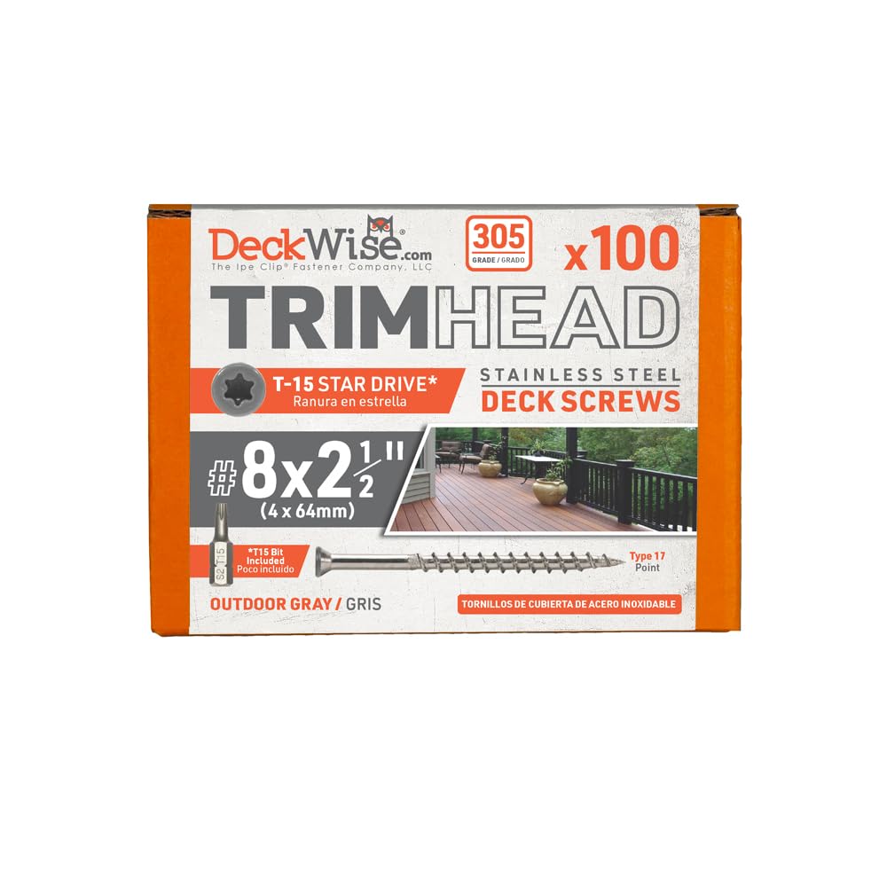 DeckWise #8x2-1/2" Stainless Steel Trim-Head Deck Screws, Outdoor Grey, T15 Head, Covers 50 Sq. Ft. of Decking (100 Pack)