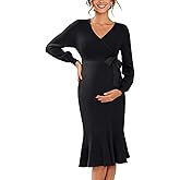 V FOR CITY Maternity Sweater Dress for Baby Shower Party Wrap V Neck Puff Sleeve Tie Waist Pleated Midi Dresses