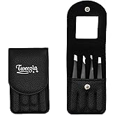 TWEEZIA Stainless Steel Tweezer Set - 4 Precision Tweezers with Mirror & Leather Case - Ideal Eyebrow Kit, Ingrown Hair Tweezers, Splinter Removal Kit or Pointed Tweezers for Beauty and Personal Care