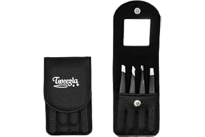 HOUSEIFY TWEEZIA Stainless Steel Tweezer Set - 4 Precision Tweezers with Mirror & Leather Case - Ideal Eyebrow Kit, Ingrown Hair Tweezers, Splinter Removal Kit or Pointed Tweezers for Beauty and Personal Care