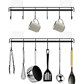 Kitchen Utensil Hanger, Adhesive Utensil Holder Wall Mount Kitchen Rack Rail with 12 Hooks, Space Saving and No Drilling, Bla