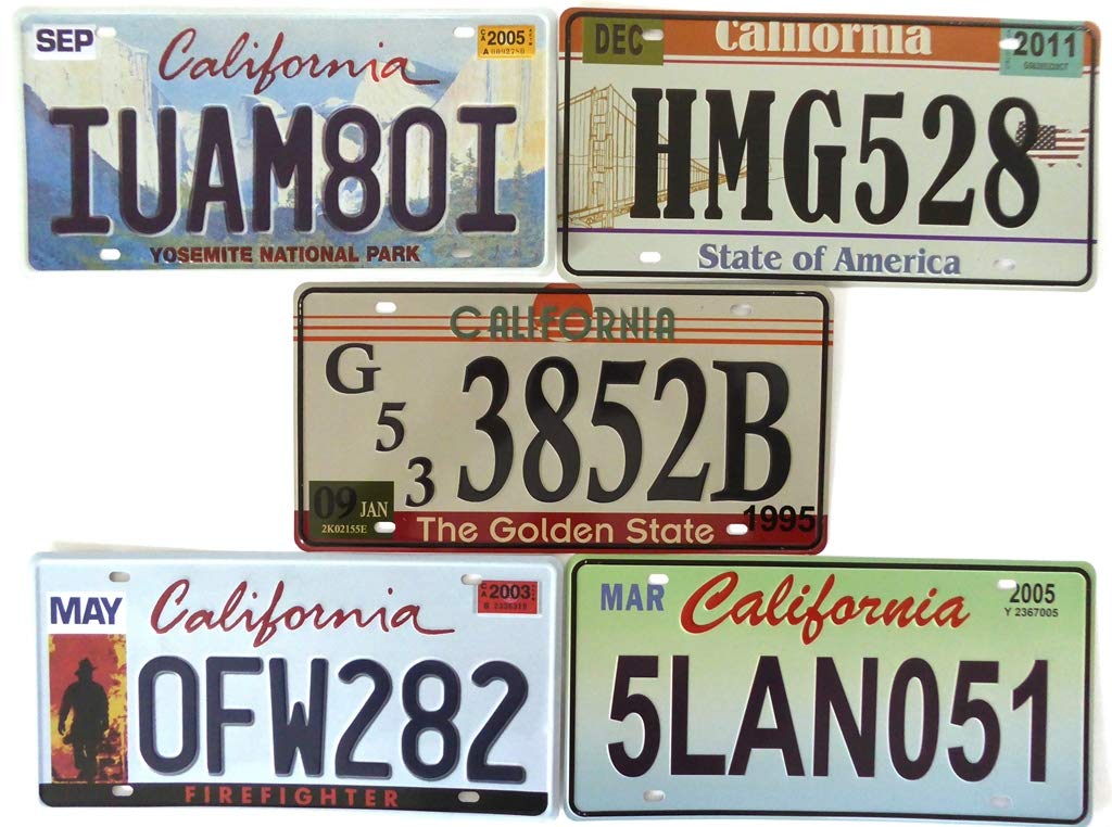 OPO 10 - Set of 5 metal USA car LICENSE PLATES - replicas of real CALIFORNIA American plates