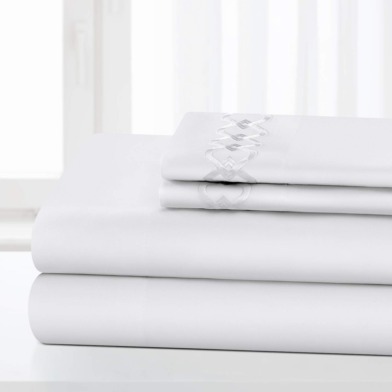 HOMEIDEAS 4 Piece Buckle Embroidered Edge Bed Sheets Set Extra Soft Brushed Microfiber 1800 Bedding Sheets Deep Pocket, Wrinkle & Fade Free (King, White)