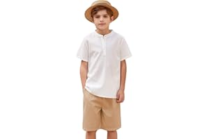 Arshiner Boy's 2 Pieces Cotton Linen Set Casual Henley Shirts Short Sleeve Beach Shorts Summer Outfits for 5-12 Years