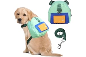 DoggieKit Dog Backpack Harness with Leash,Cute Pet Puppy Backpacks Bulid-in Dog Poop Bag Dispenser,Adjustable Pets Self Carrier Bag for Small Medium Dogs Travel Hiking Daily Walking(M, Green)