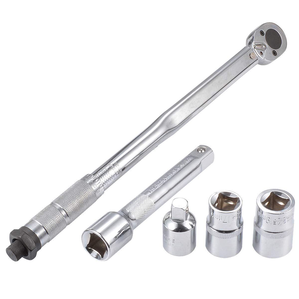 KATUR 5Pcs Drive Click Torque Wrench, 1/2-inch Head Diameter 28-210mm Length Drive Adjustable Torque Wrench Set with 125mm Extension Bar, 1/2 to 3/8 Adapter, 17mm and 19mm Sleeve
