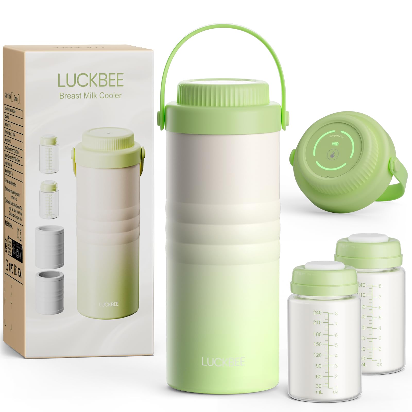 View 1 of **GREEN** LUCKBEEPortable Breastmilk Cooler - 16oz Breast Milk Cooler Bottle with LCD Temp Display Cooling up to 24 Hours, Breastmilk Chiller with 2pcs Milk Storage Bottles, Breastfeeding Essentials for Baby