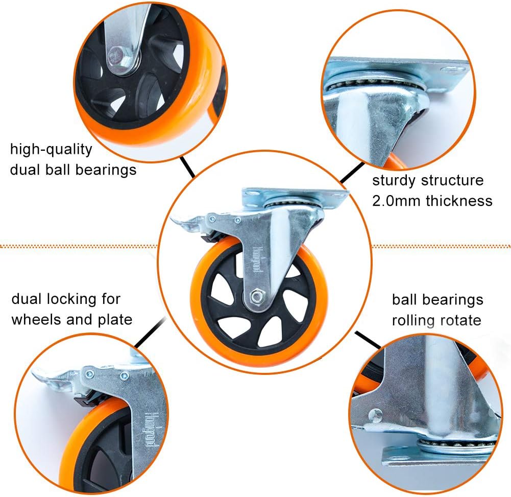 5" Swivel Casters Wheels with Screw Safety Dual Locking and Polyurethane Foam No Noise Wheels,Heavy Duty-550 Lbs Per Caster: Automotive