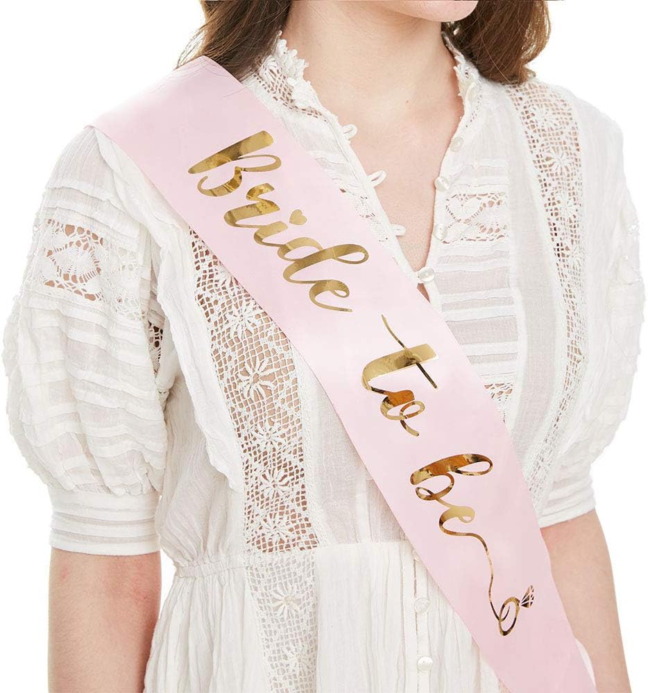"Bride to Be" Sash - Bridal Shower Wedding Decorations Bride Accessories & Gifts (Pink with Gold Lettering)