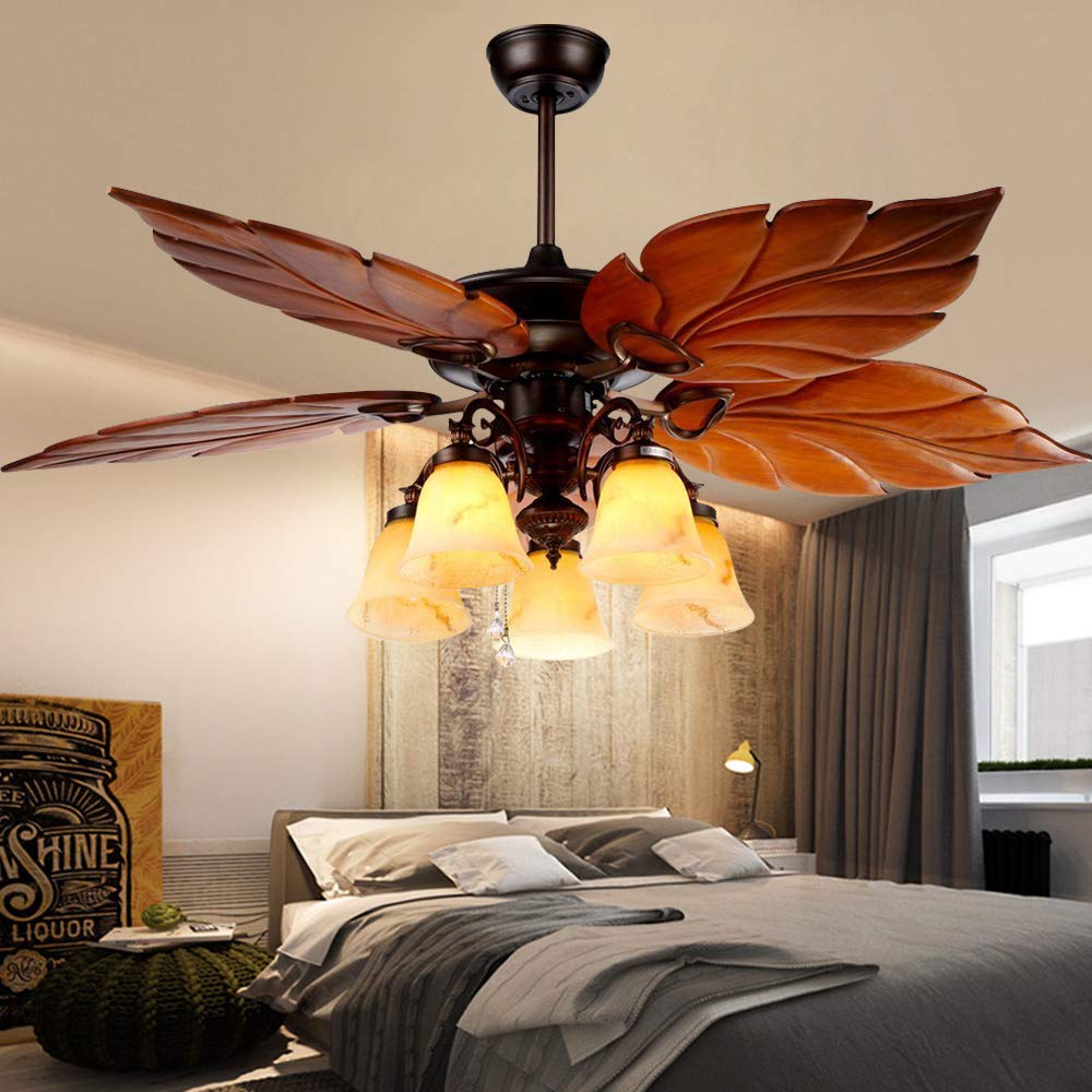 Palm Island Ceiling Fan with Light Kit 52-Inch Tropical Chandelier Fan with 5 Glass Light 5 Wood Blades, Indoor Remote Control Quiet Home Rustic Bedroom Living Room Ceiling Fan Light, New Bronze