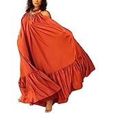 Adogirl Women's Sexy Spaghetti Strap Sleeveless Ruched Ruffle Hem Bandage Oversized Beach Loose Long Maxi Swing Dress