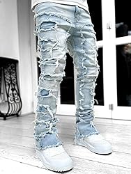 Kodaruber Mens Stacked Jeans Slim Fit Ripped Skinny