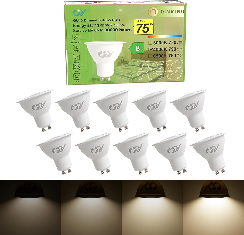 GY Dimmable GU10 LED Bulbs 4.9W 790 Lumen 4000K 120° 10 Pack