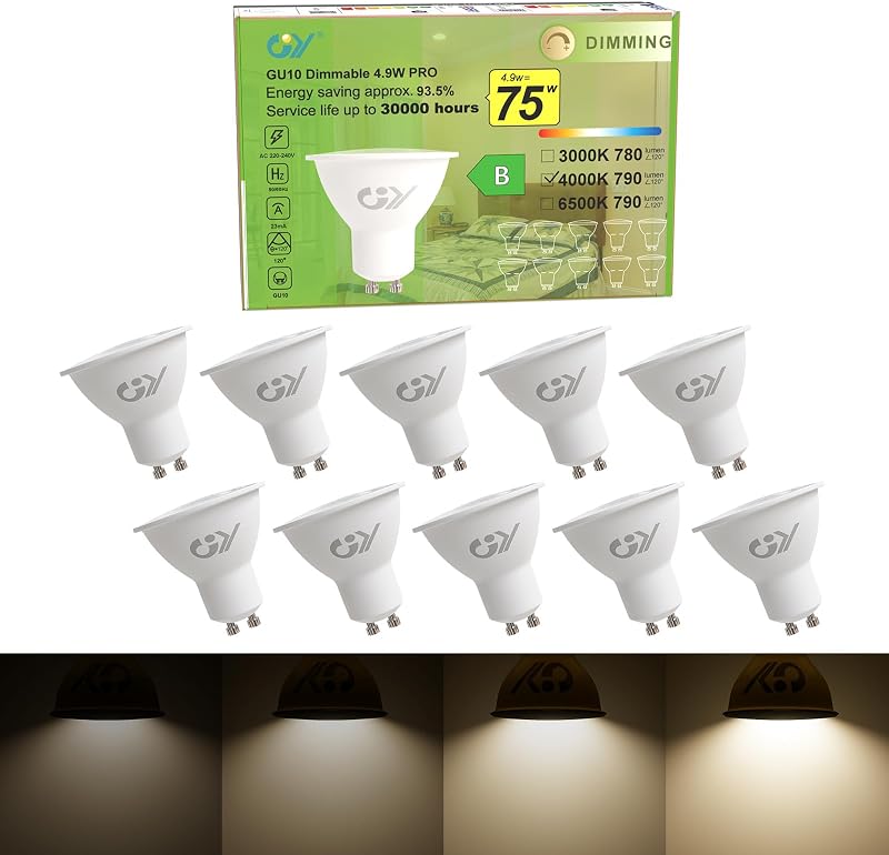 GY Dimmable GU10 LED Bulbs 4.9W 790 Lumen 4000K 120° 10 Pack