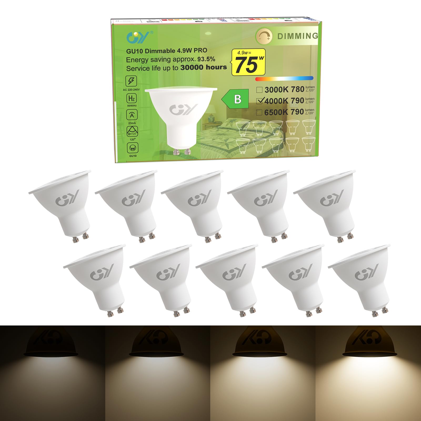 GY Dimmable GU10 Neutral White 790 Lumen High Energy Efficiency LED Bulbs,4.9W 4000K 120° Wide Beam Angle Energy Saving Lamp, 75W Replacement,10 Pack
