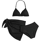 SHENHE Girl's 3 Pieces Halter Triangle Bikini Sets Spaghetti Strap Swimsuit Smocked Bathing Suit with Beach Skirt