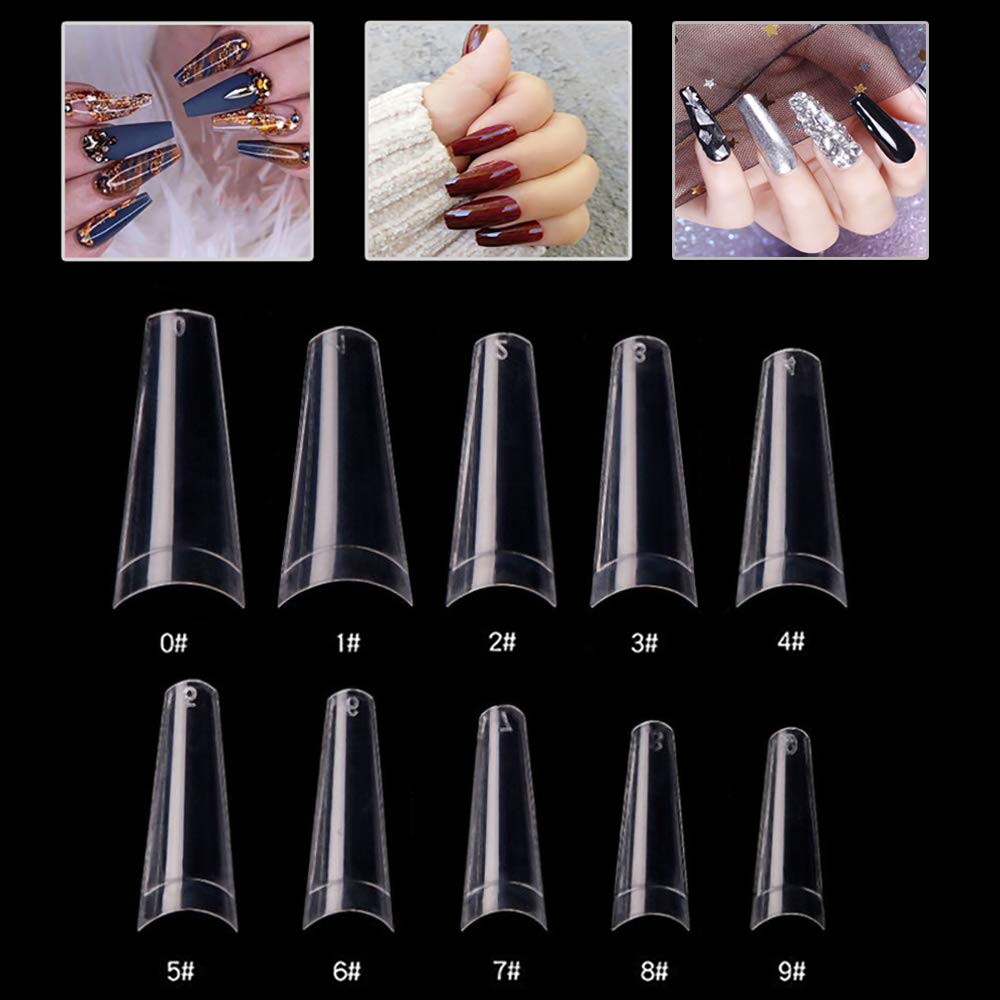 Mwoot 500Pcs Coffin Ballerina Fake Nail Tips Set, Full Cover French Acrylic False Nails Half Tips for Nail DIY Salon Manicure Extension, 10 Sizes (Clear)