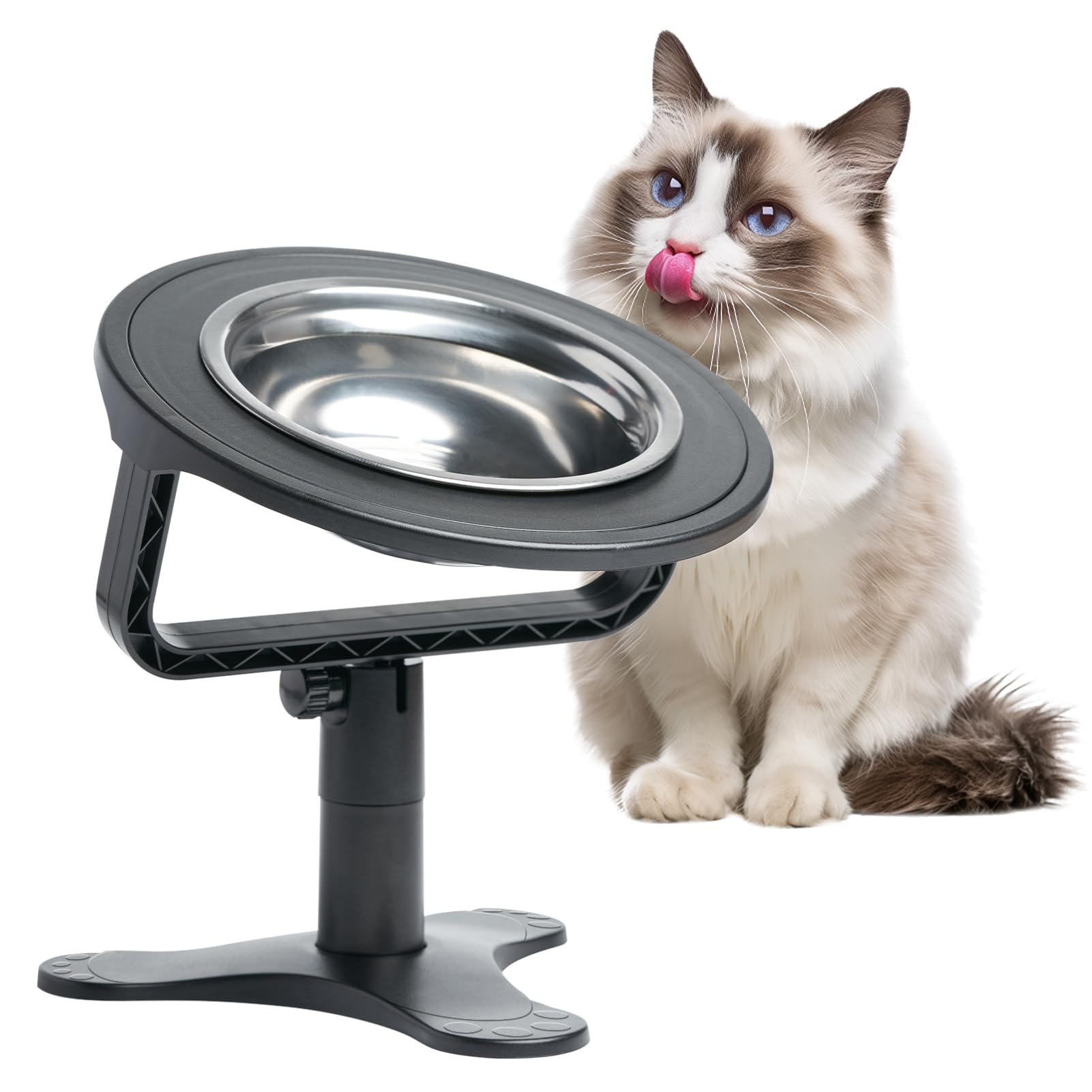 DOUDING Raised Cat Bowls with Stand, 15° Tilted Elevated Cat Bowl Height-Adjustable with Stainless Steel Cat Bowls for Indoor Cats and Puppy, Non-Slip Stand