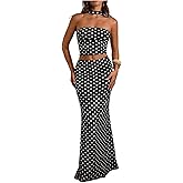 Milumia Women's 2 Piece Outfits Y2k Polka Dots Halter Crop Top Bodycon Maxi Skirt Going Out Set