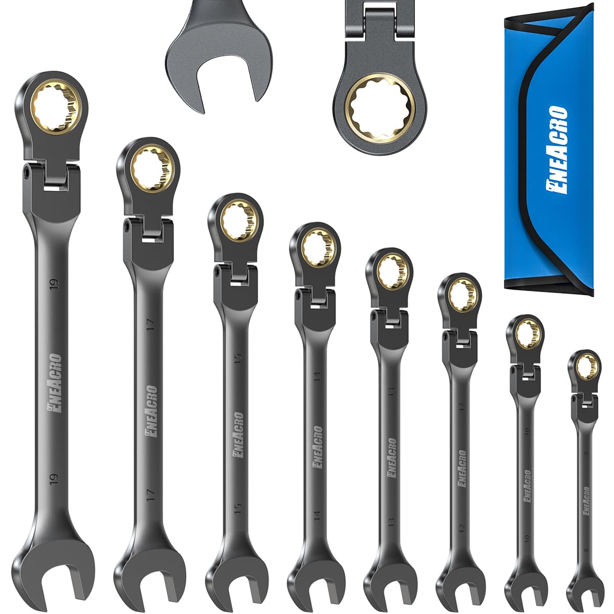 ENEACRO Combination Ratcheting Wrench Set, 8-Piece Flex-Head Anti-Slip Ratchet Wrench Set, Metric 8-19mm, 72-Tooth, Cr-V Constructed, Nickel Plating with Rolling Pouch