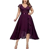 Miusol Women's Plus Size V Neck Floral Lace Ruffle Asymmetrical Hemline Elegant Bridesmaid Maxi Dress