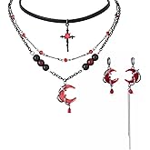 TianRan Goth Earrings Necklace Set Red Vampire Crescent Moon Earrings Layered Cross Necklace for Women Men Halloween