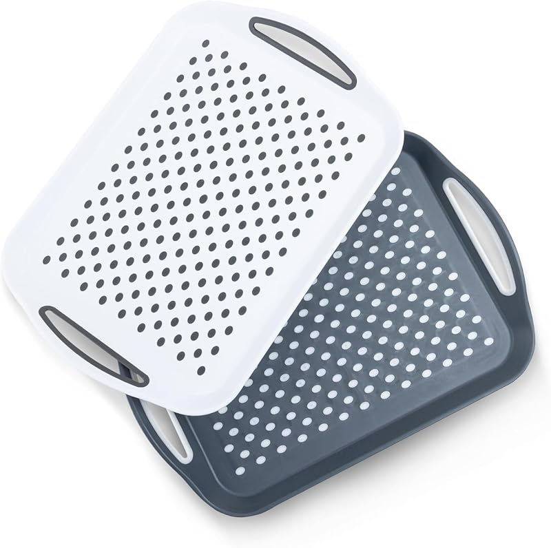 DIVCHI 2-Pack Serving Tray Set Non-Slip Lap Boards with Handles Grey & White