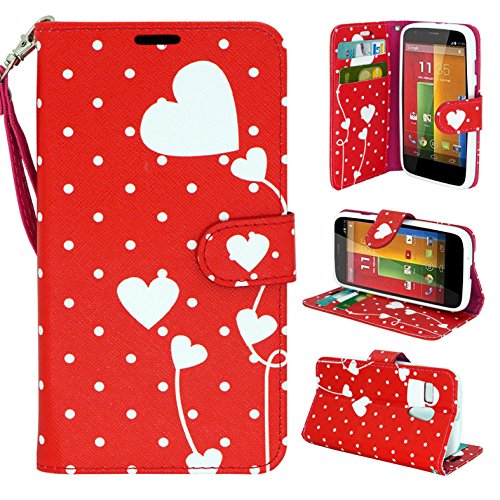 Moto G Case, Customerfirst, Motorola Moto G Wallet Case [Book Fold] Leather Moto G Flip Cover with Folding Stand, Credit Card Slots - Flip Case for Motorola Moto G, 2013 (1st Gen.) (Red Polkadot)