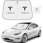 300T Sunshade for Tesla Model Y Model 3, Car Accessories 2026 for Tesla, Front Window Sunshade with Organizer Bag, Gifts for Tesla Owners