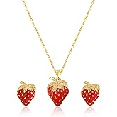 CLOORDE Strawberry Jewelry Set for Women Dainty Red Strawberry Pendant Necklace Exquisite Gold Leaf Red Straw-berry Stud Earrings Fun Sweet Fruit-Themed Jewelry Accessories Gifts for Her