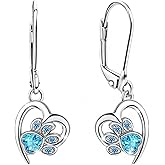 Blue CZ Paw Print Dangle Drop Earrings for Women Shiny Cubic Zirconia Puppy Paw Cat Leverback Earrings Cute Animals Tiny Hoop Hooks Earrings Birthday Christmas Piercing Jewelry Gifts