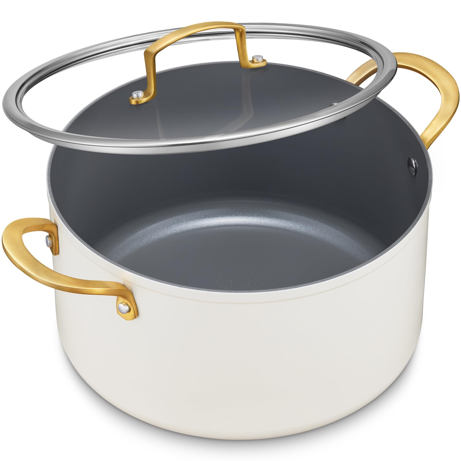 Photo 1 of BEZIA 6 Quart Stock Pot with Lid?Ceramic Nonstick Cooking Pot?Soup Pot with Stainless Steel Handle, Tempered Glass Lid, Induction Compatible for Pasta, Soup, Spaghetti?Dishwasher Safe, Cream